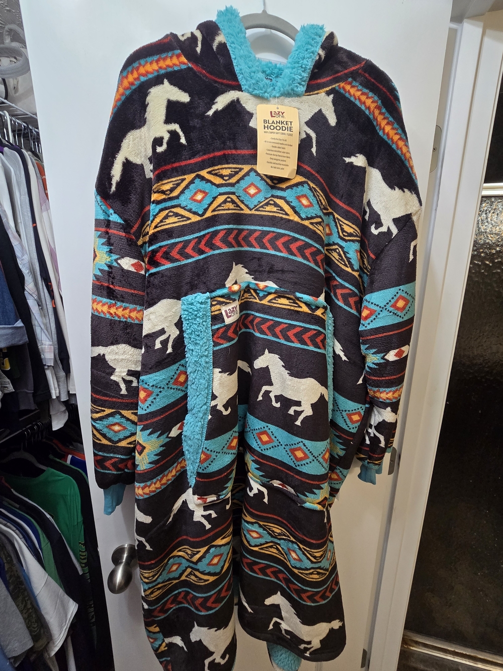 Kids Plush Hooded Blanket Coat in Black & Turquoise with Horse Print